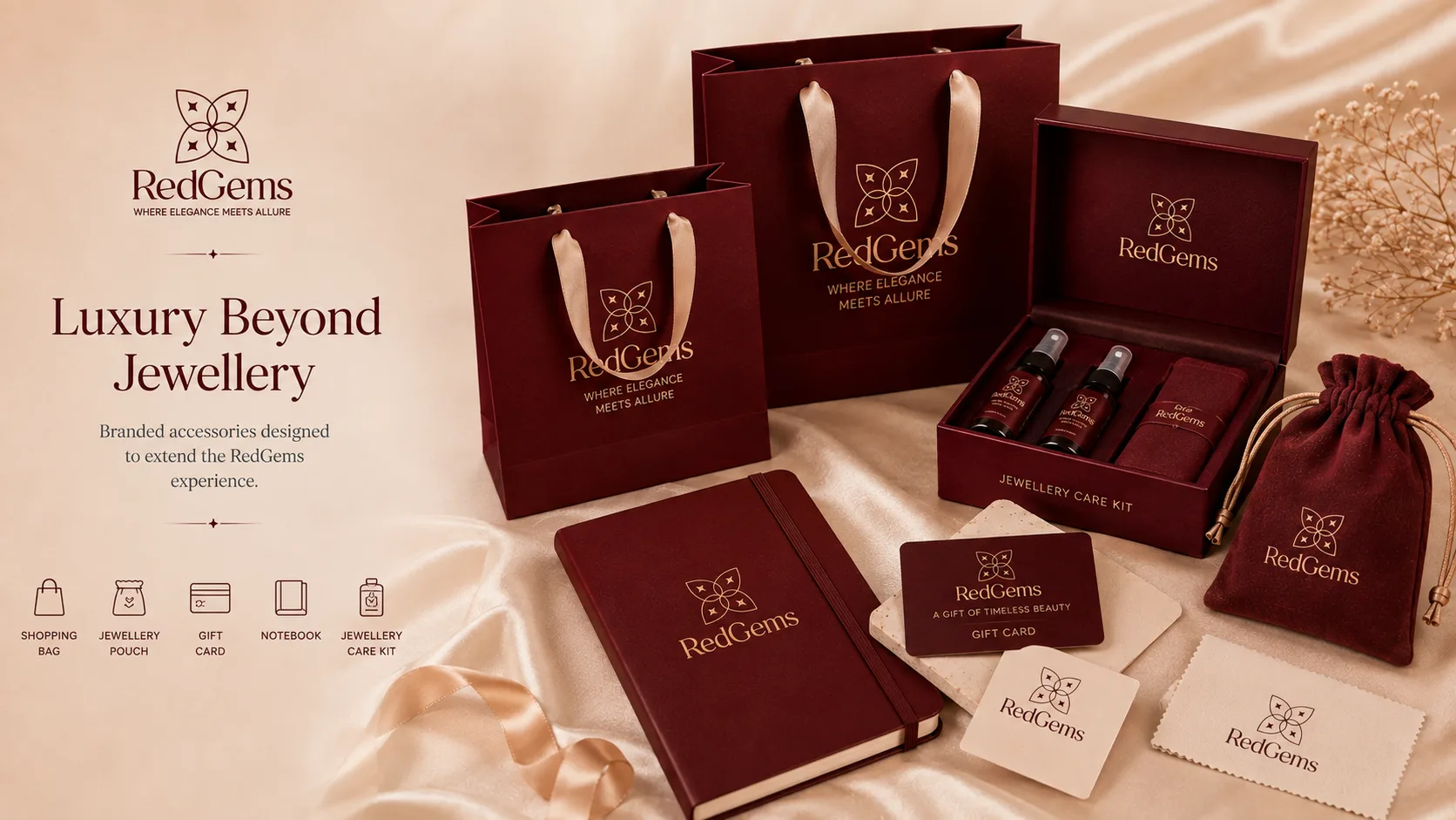 Red Gems — Logo and Branding packaging & visual design mockup 16 by Raghav Chopra